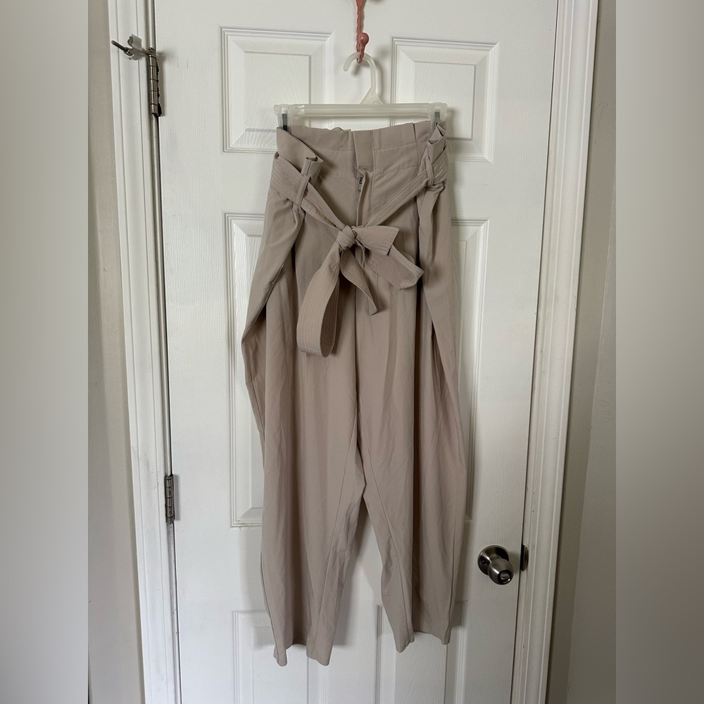 Athleta Tan High-Waisted Trousers with Tie Belt